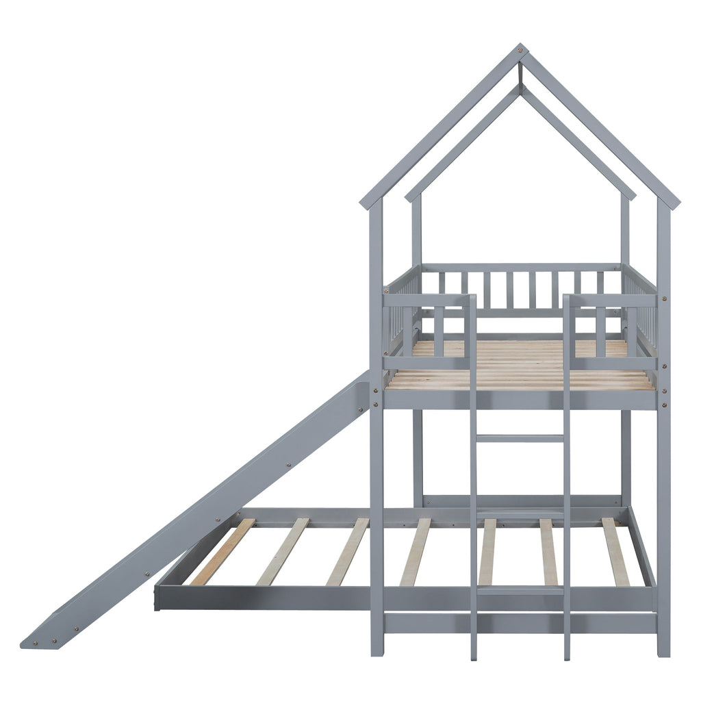 Twin Over Full House Bunk Bed With Slide and Built-in Ladder