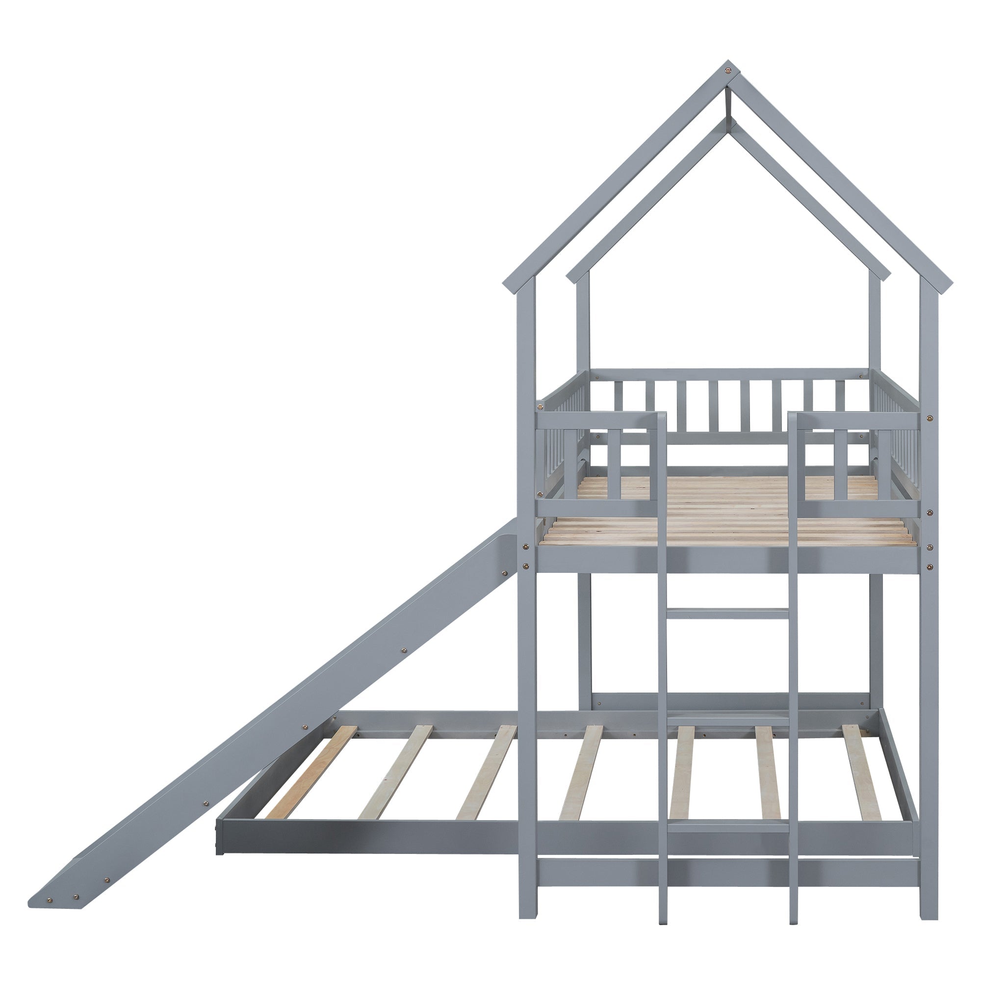 Twin Over Full House Bunk Bed With Slide and Built-in Ladder