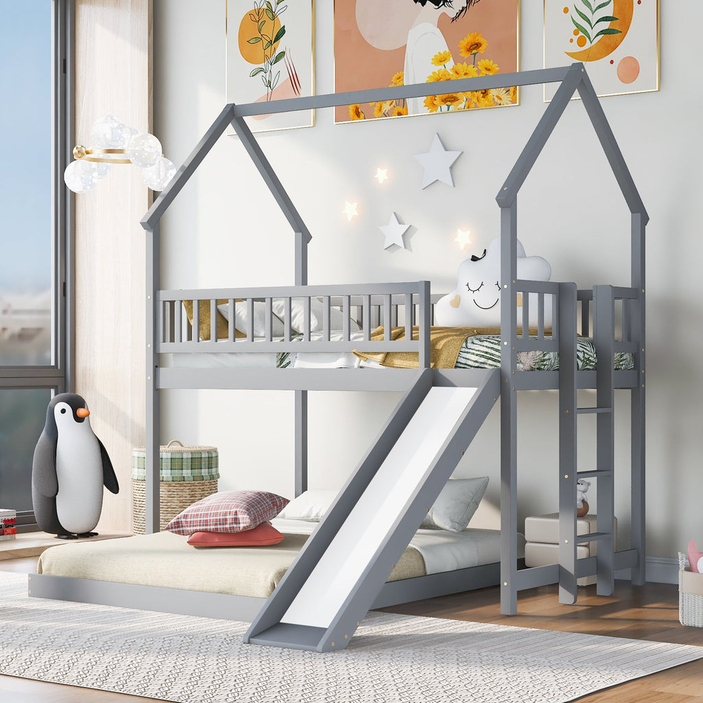 Twin Over Full House Bunk Bed With Slide and Built-in Ladder