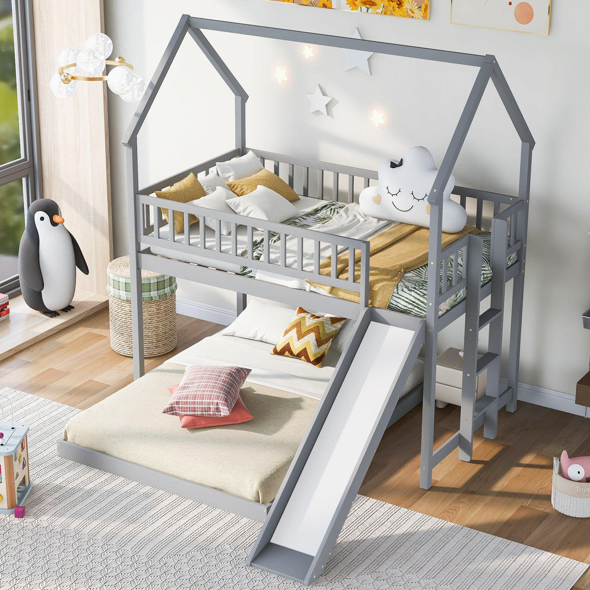 Twin Over Full House Bunk Bed With Slide and Built-in Ladder