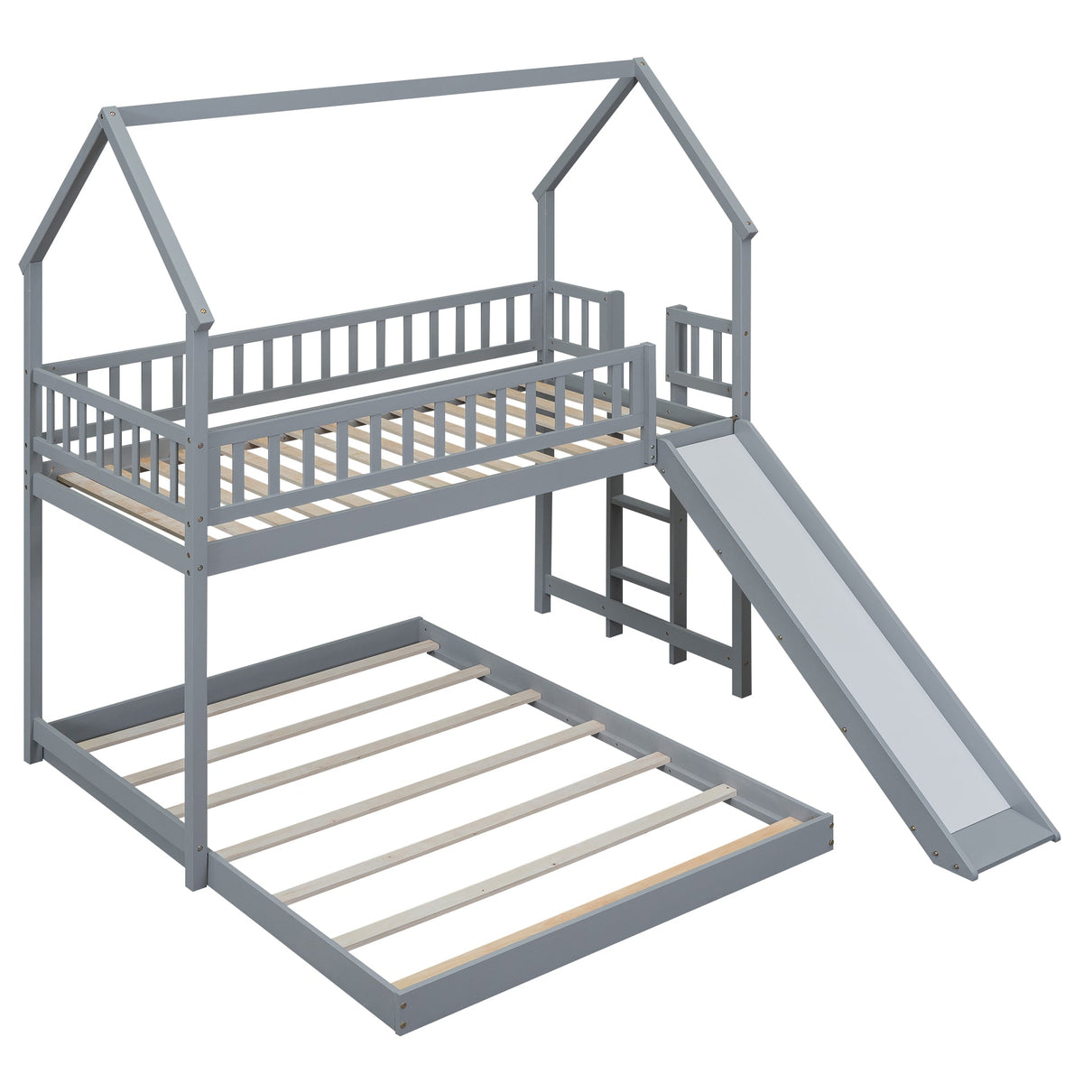 Twin Over Full House Bunk Bed With Slide and Built-in Ladder
