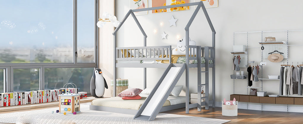 Twin Over Full House Bunk Bed With Slide and Built-in Ladder
