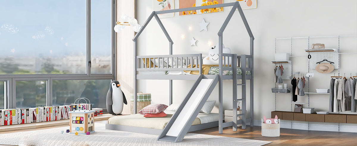 Twin Over Full House Bunk Bed With Slide and Built-in Ladder