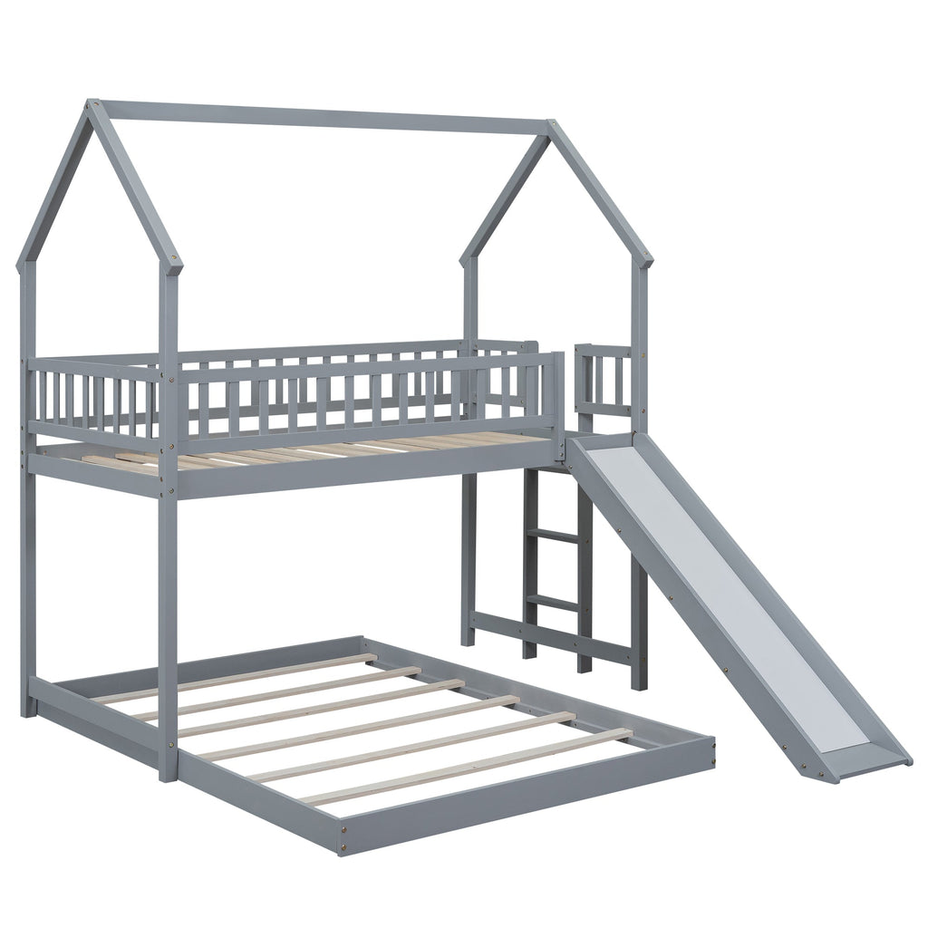 Twin Over Full House Bunk Bed With Slide and Built-in Ladder