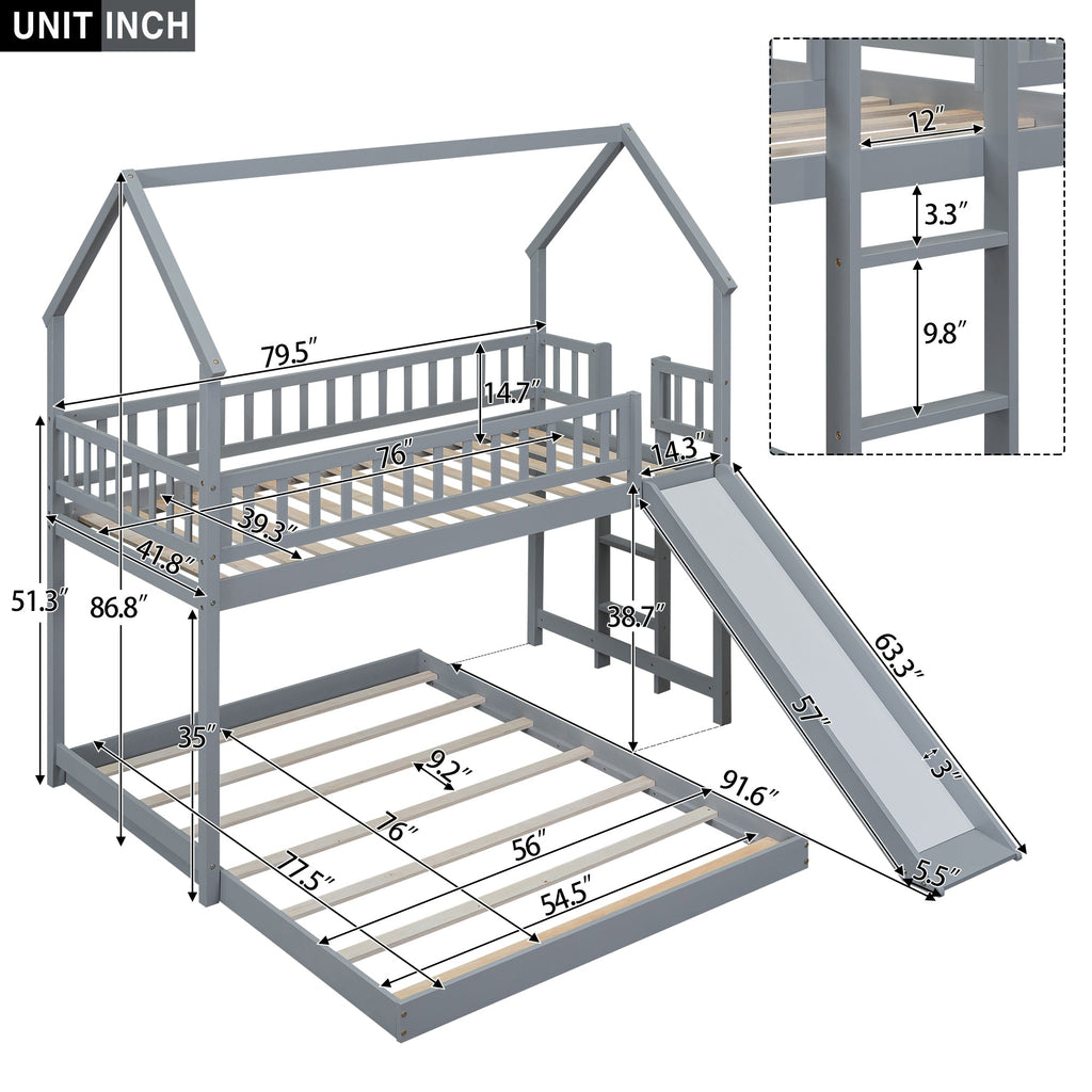 Twin Over Full House Bunk Bed With Slide and Built-in Ladder