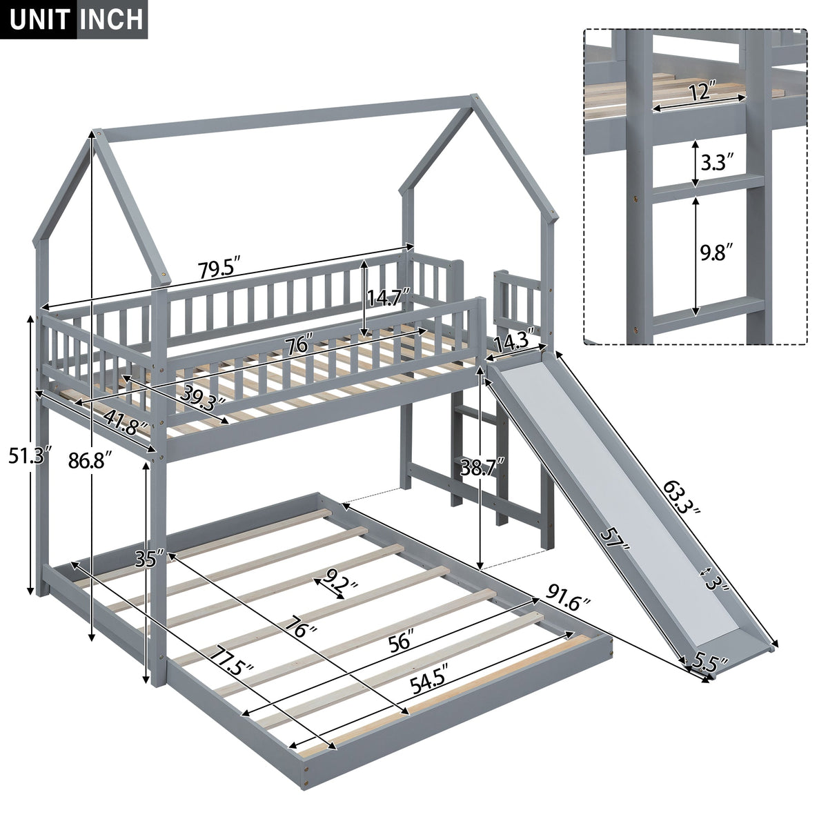 Twin Over Full House Bunk Bed With Slide and Built-in Ladder