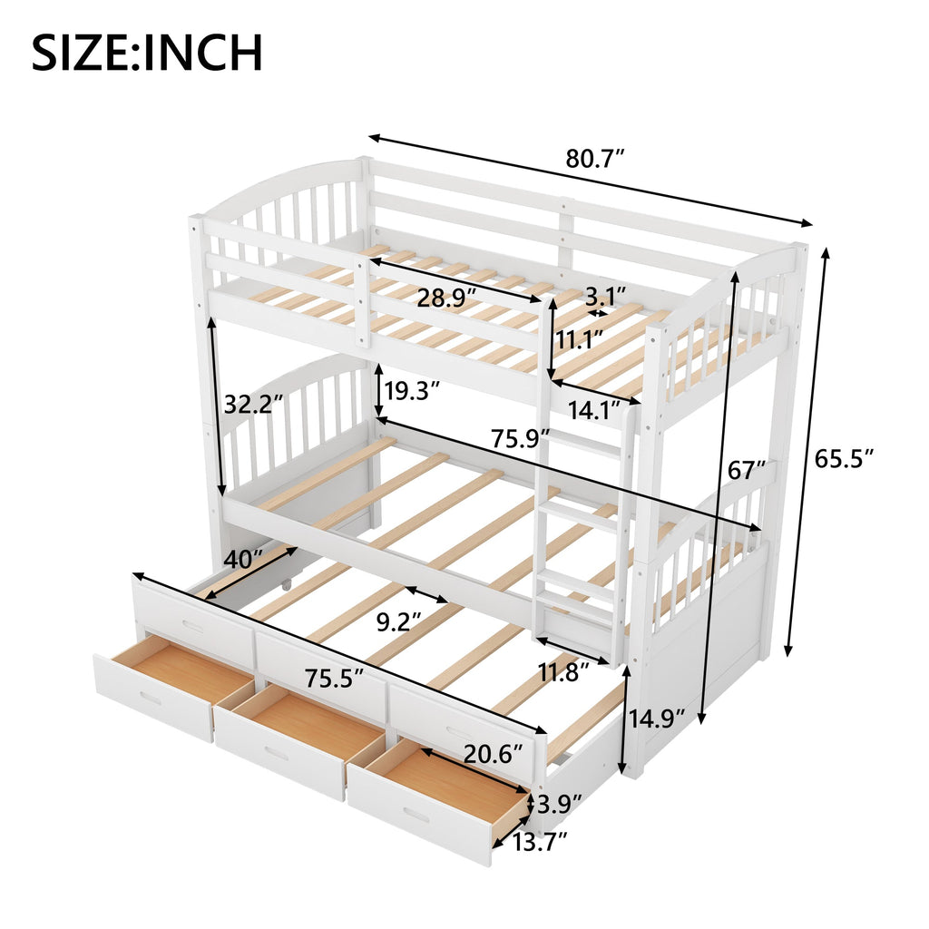 Twin Over Twin Wood Bunk Bed with Trundle and Drawers