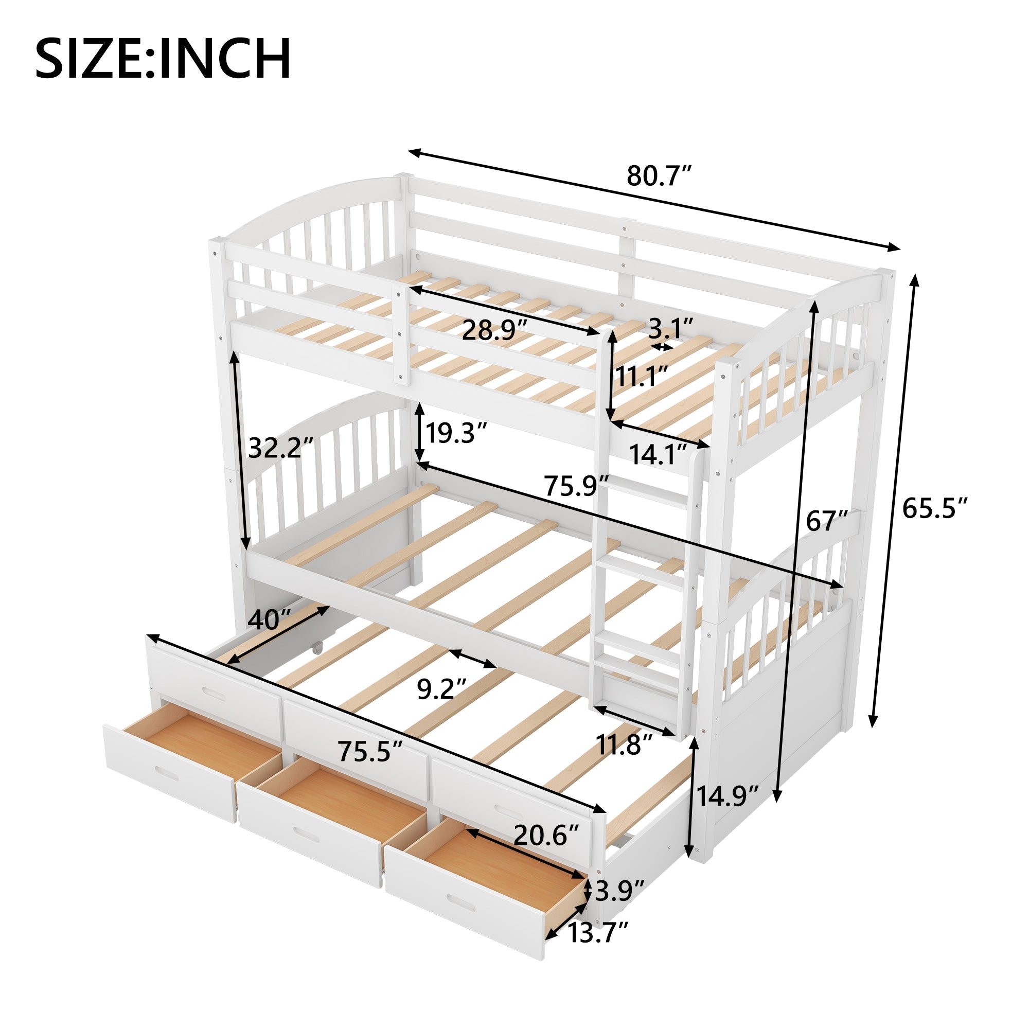 Twin Over Twin Wood Bunk Bed with Trundle and Drawers