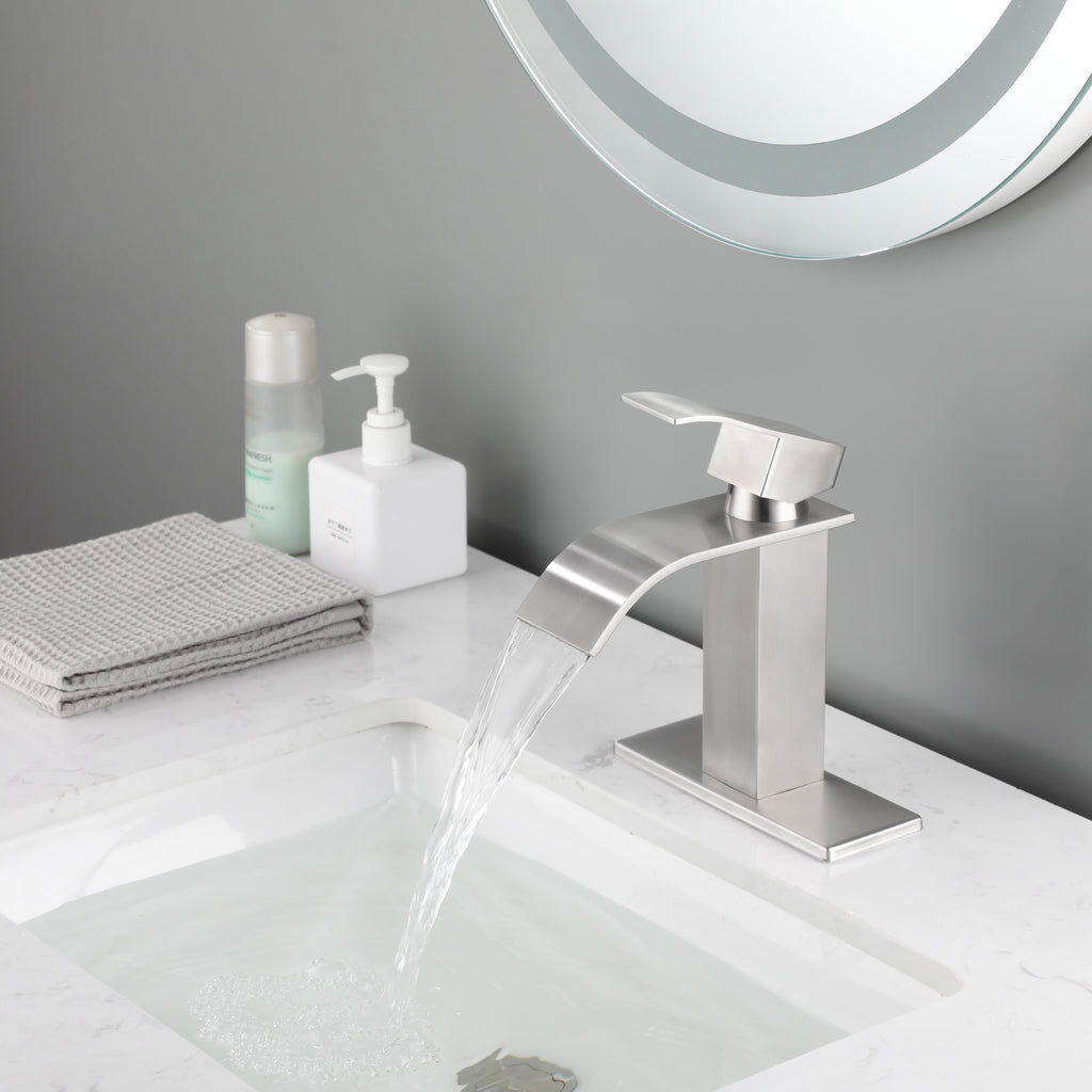 Waterfall Spout Bathroom Faucet - Single Handle Bathroom Vanity Sink Faucet