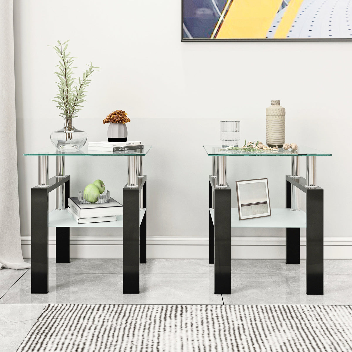 Set of 2 Modern Tempered Glass Tea Tables
