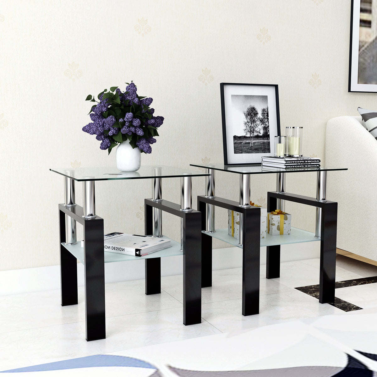 Set of 2 Modern Tempered Glass Tea Tables