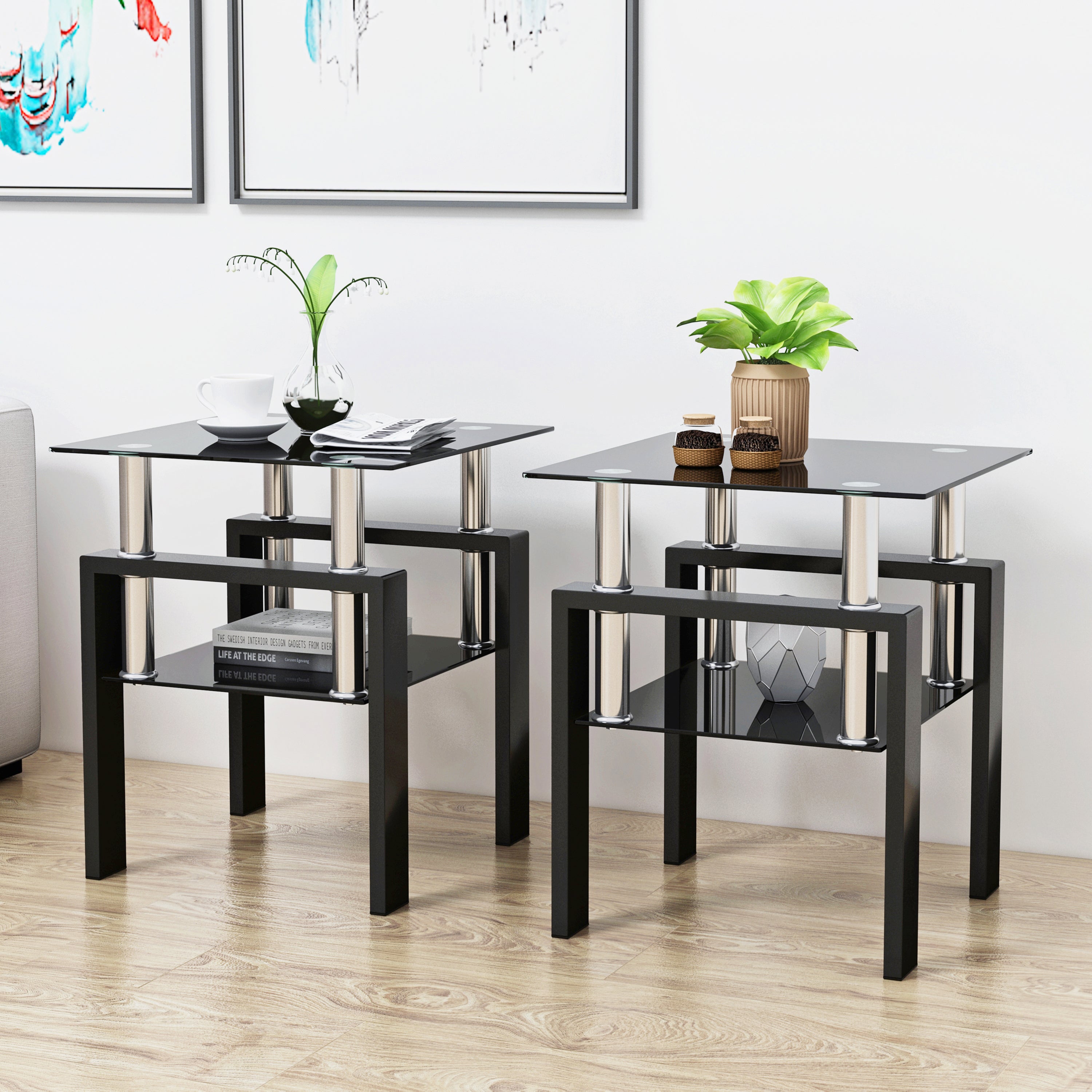 Set of 2 Modern Tempered Glass Tea Table Coffee Table End Table