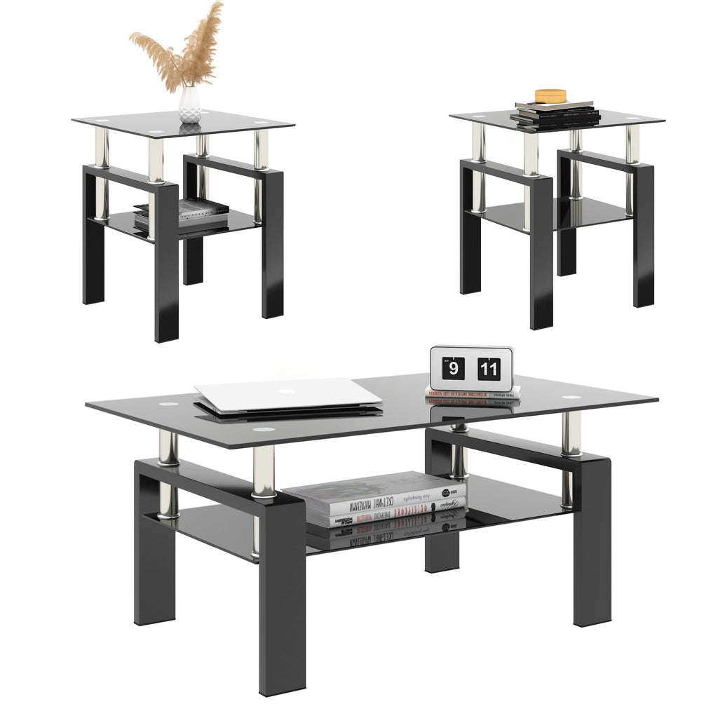 Set of 2 Modern Tempered Glass Tea Table Coffee Table End Table