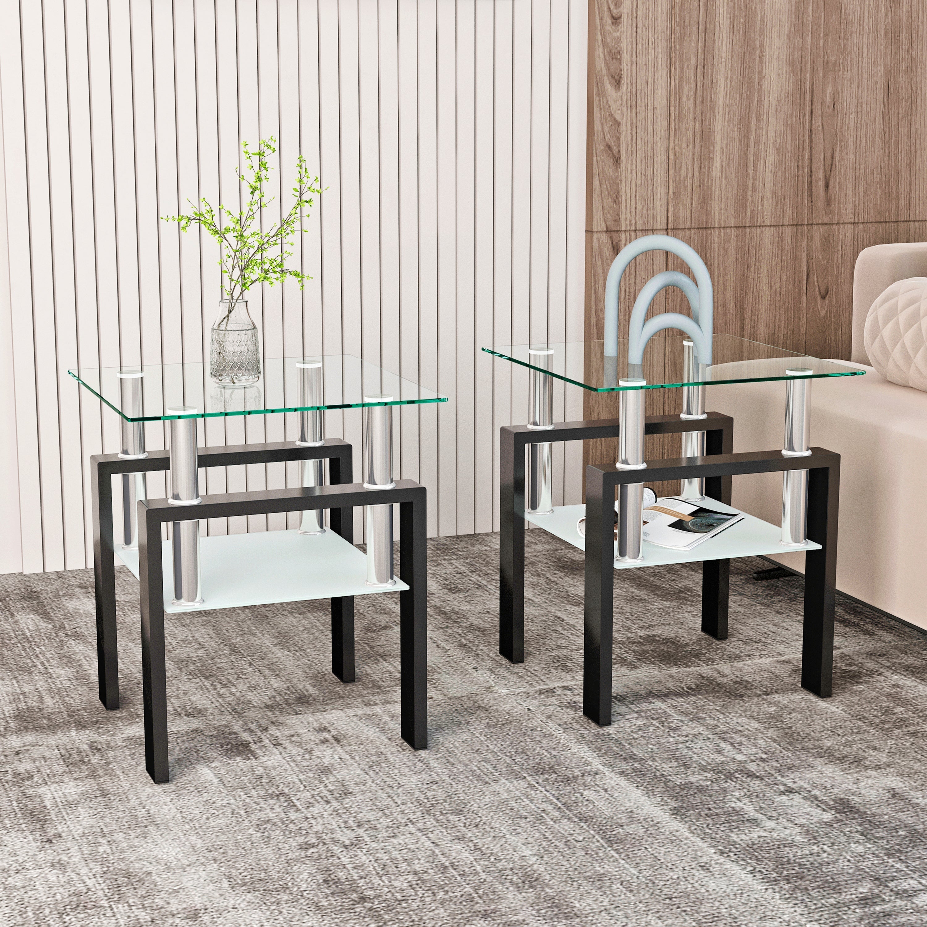 Set of 2 Modern Tempered Glass Tea Tables