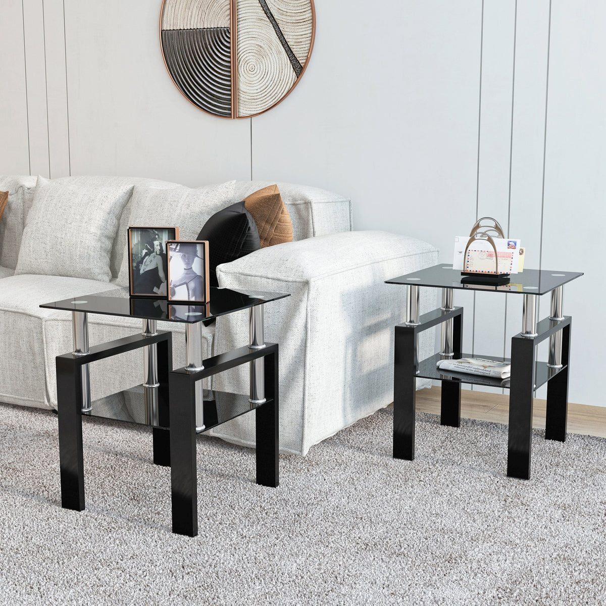 Set of 2 Modern Tempered Glass Tea Table Coffee Table End Table