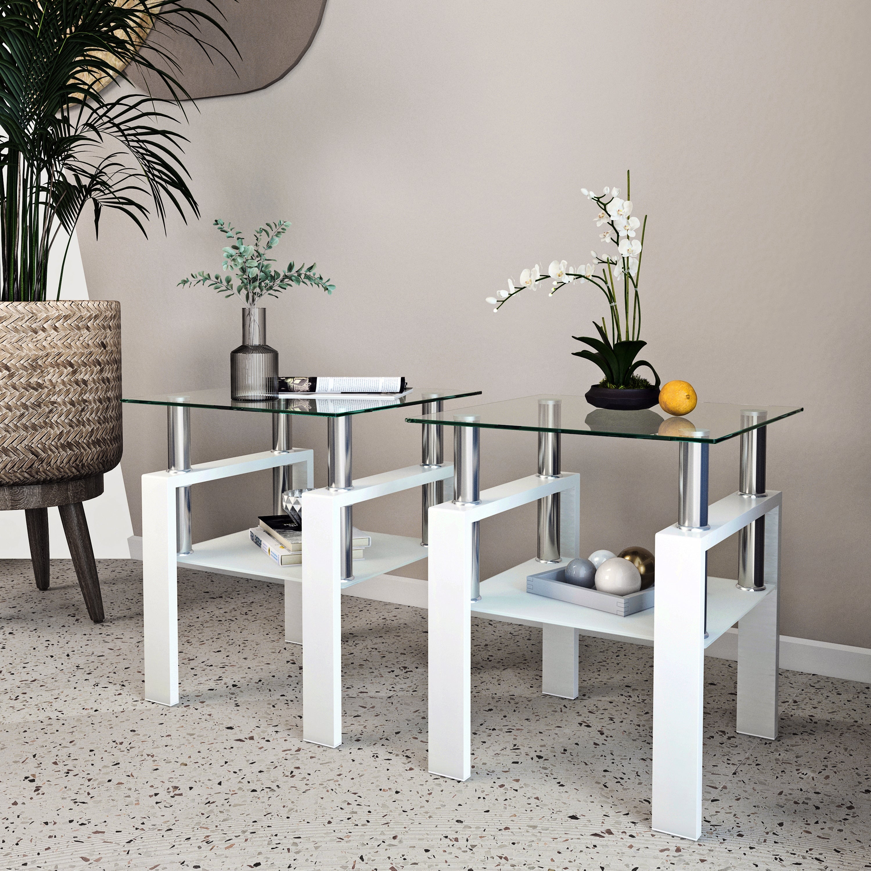 Set of 2 Modern Tempered Glass Tea Table