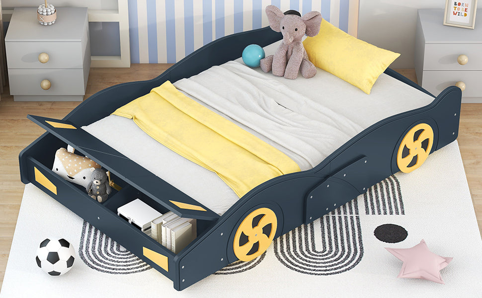 Full Size Race Car-Shaped Platform Bed with Wheels and Storage