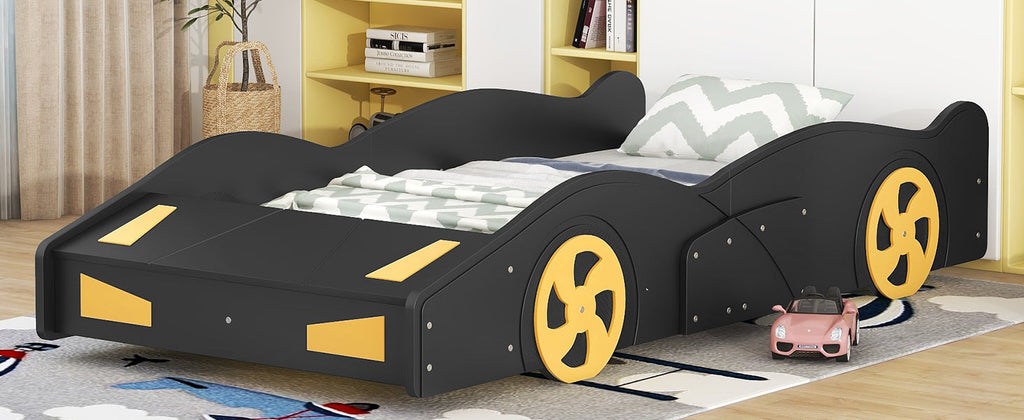 Twin Size Race Car-Shaped Platform Bed with Wheels and Storage