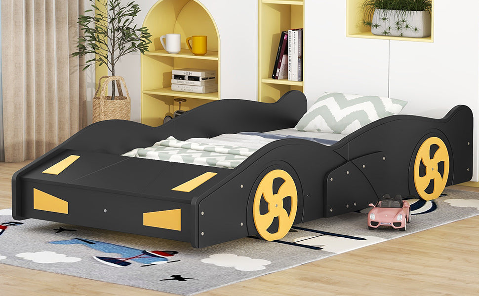 Twin Size Race Car-Shaped Platform Bed with Wheels and Storage