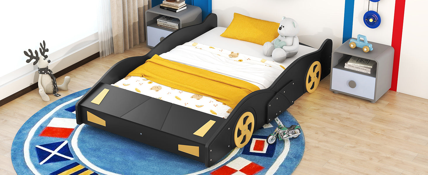 Full Size Race Car-Shaped Platform Bed with Wheels and Storage