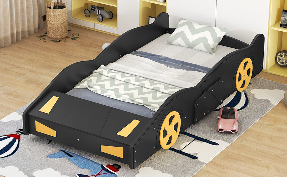 Twin Size Race Car-Shaped Platform Bed with Wheels and Storage