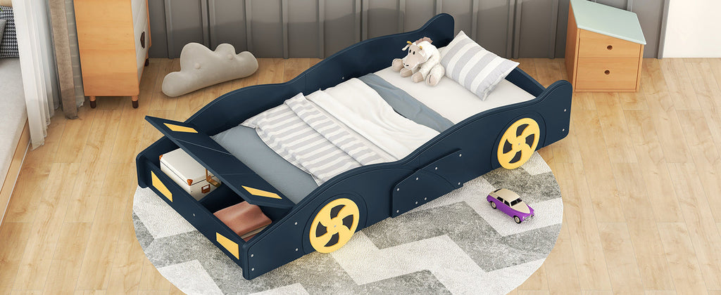 Twin Size Race Car-Shaped Platform Bed with Wheels and Storage
