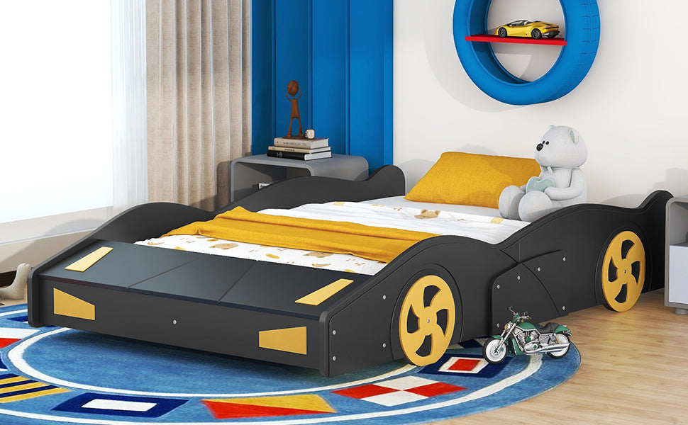 Full Size Race Car-Shaped Platform Bed with Wheels and Storage