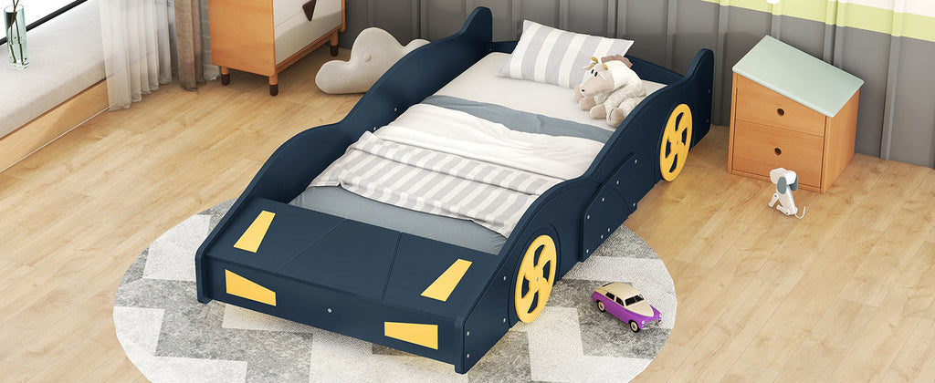 Twin Size Race Car-Shaped Platform Bed with Wheels and Storage