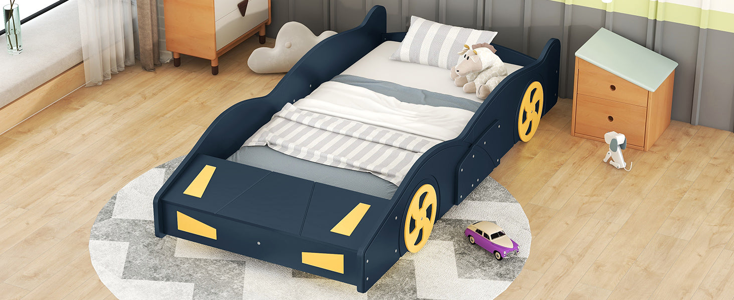 Twin Size Race Car-Shaped Platform Bed with Wheels and Storage