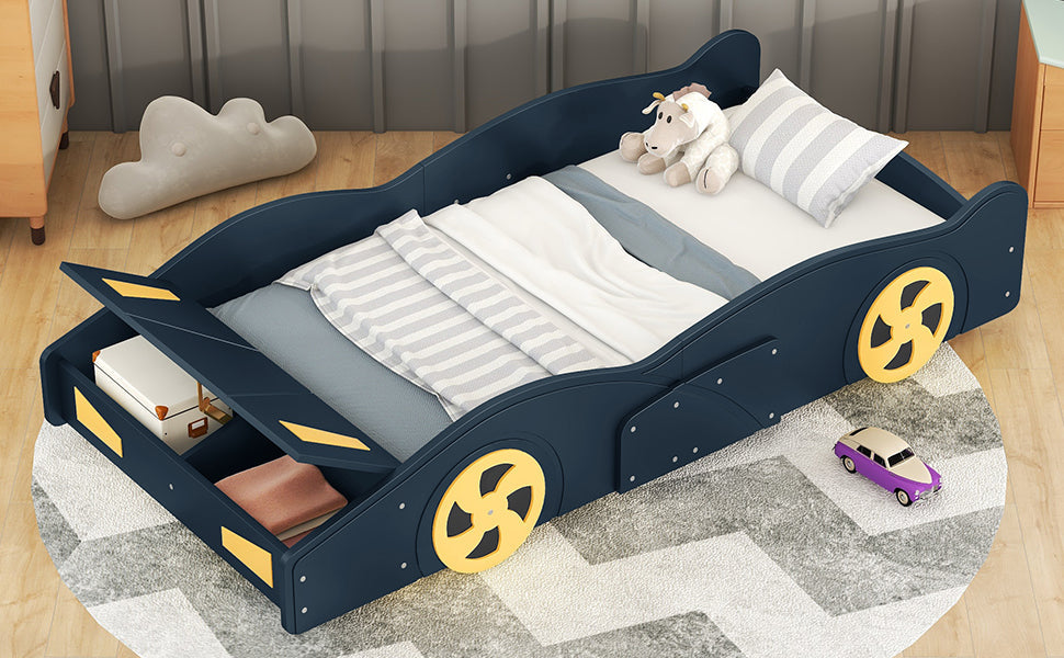 Twin Size Race Car-Shaped Platform Bed with Wheels and Storage