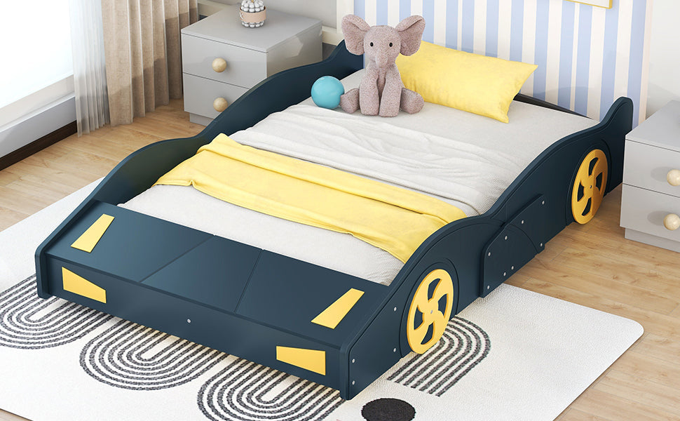 Full Size Race Car-Shaped Platform Bed with Wheels and Storage