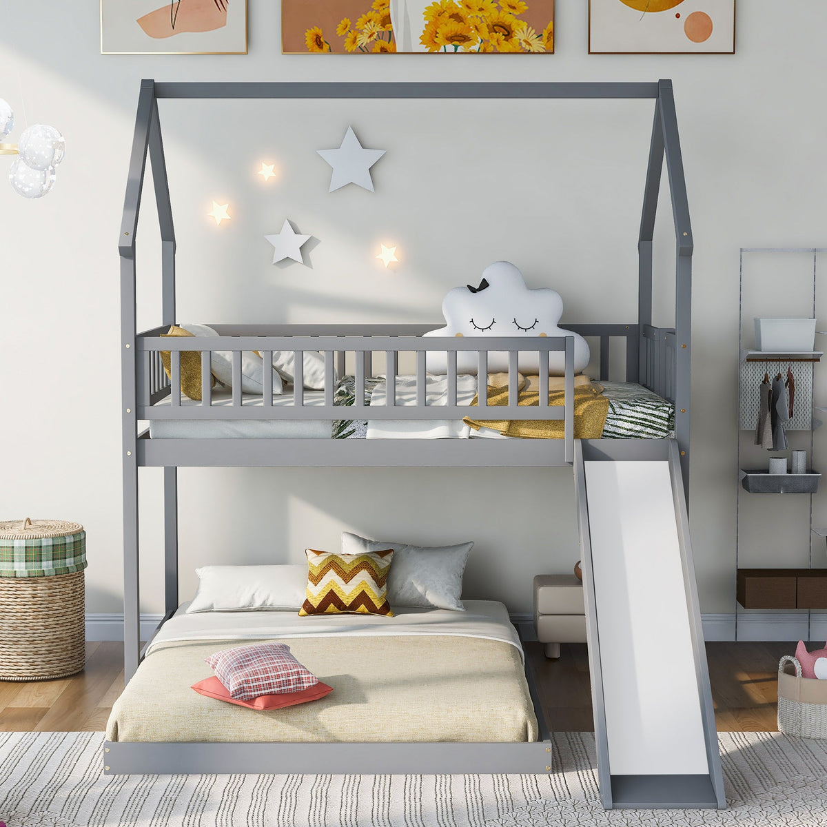 Twin Over Full House Bunk Bed With Slide and Built-in Ladder