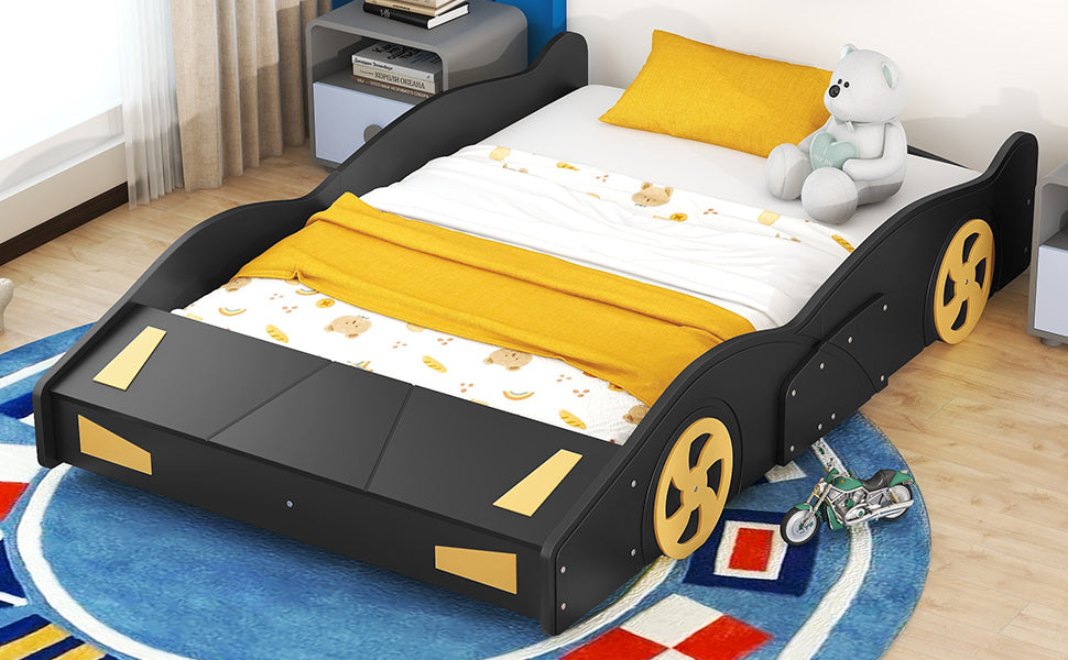 Full Size Race Car-Shaped Platform Bed with Wheels and Storage