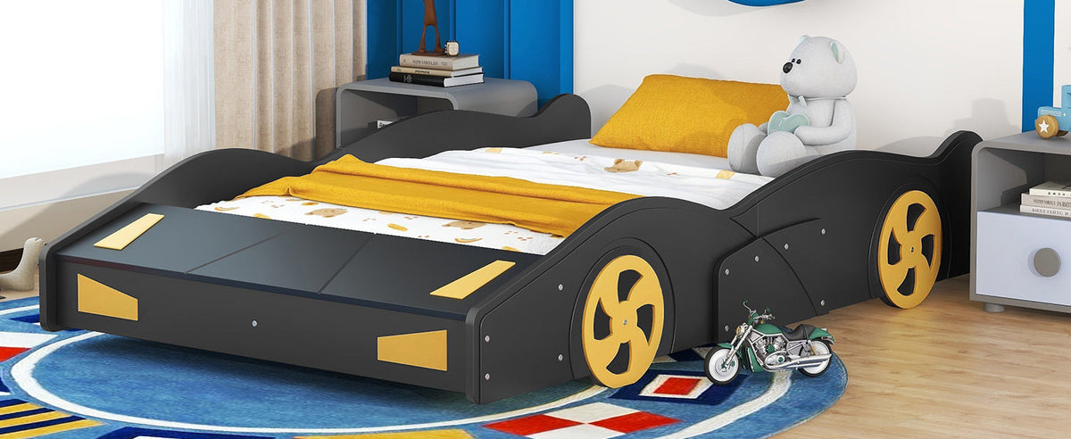 Full Size Race Car-Shaped Platform Bed with Wheels and Storage