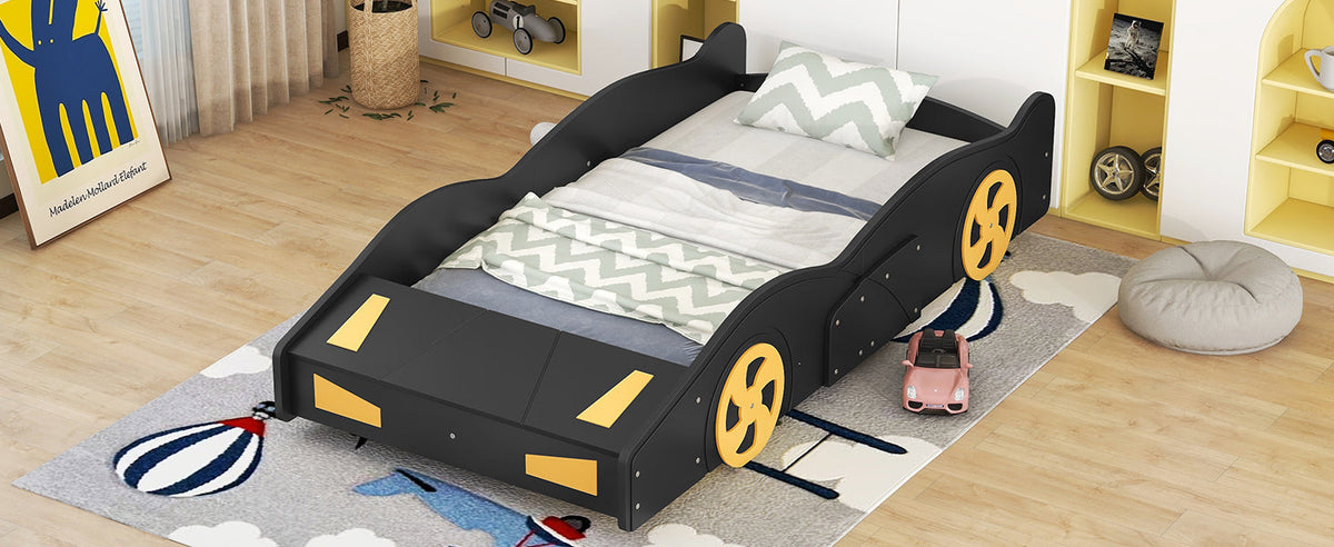 Twin Size Race Car-Shaped Platform Bed with Wheels and Storage