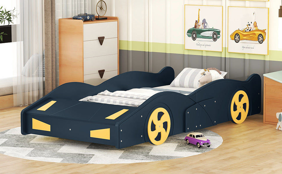 Twin Size Race Car-Shaped Platform Bed with Wheels and Storage