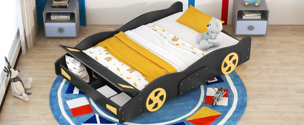 Full Size Race Car-Shaped Platform Bed with Wheels and Storage