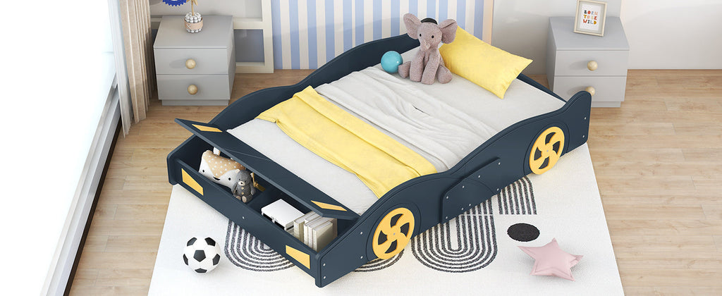 Full Size Race Car-Shaped Platform Bed with Wheels and Storage