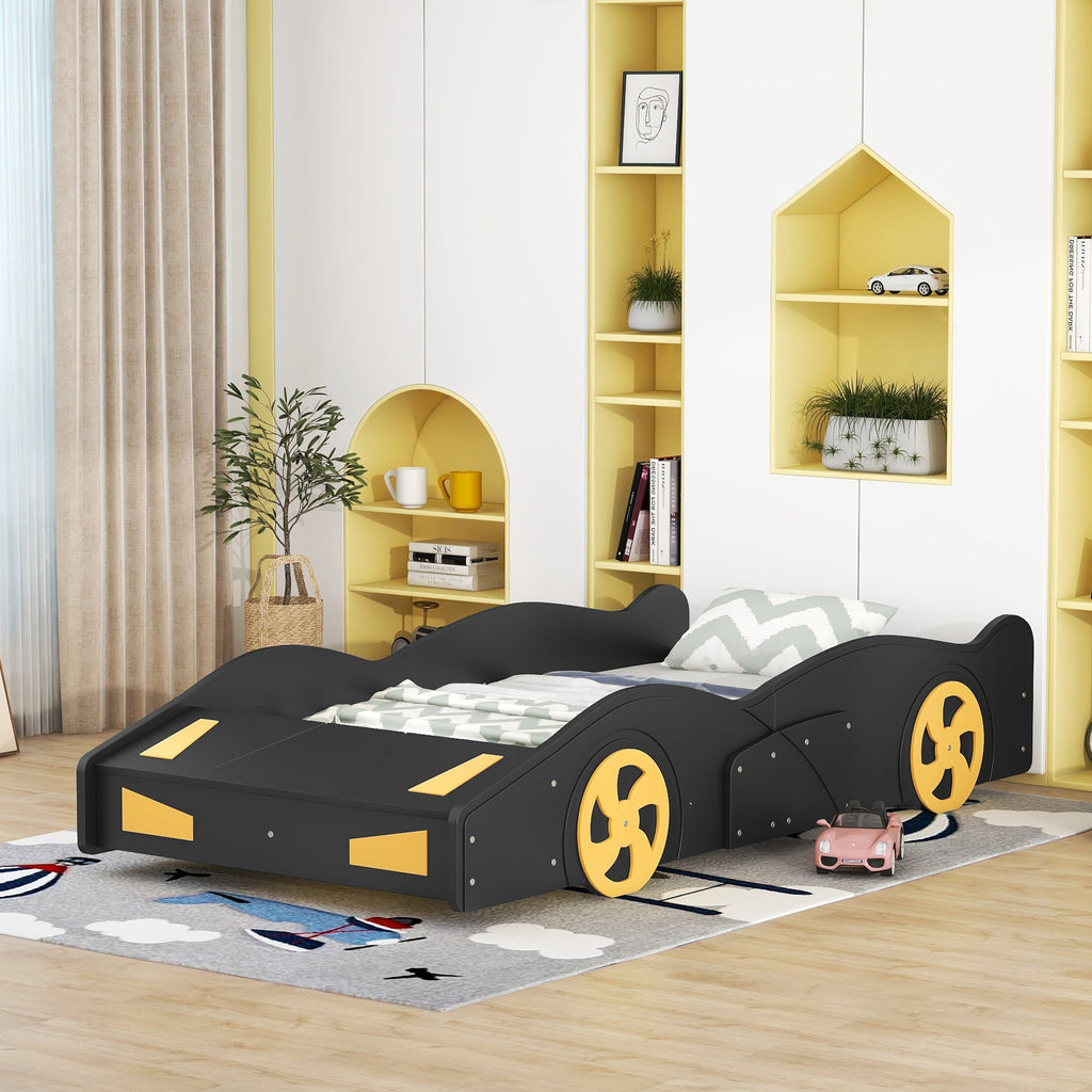 Twin Size Race Car-Shaped Platform Bed with Wheels and Storage