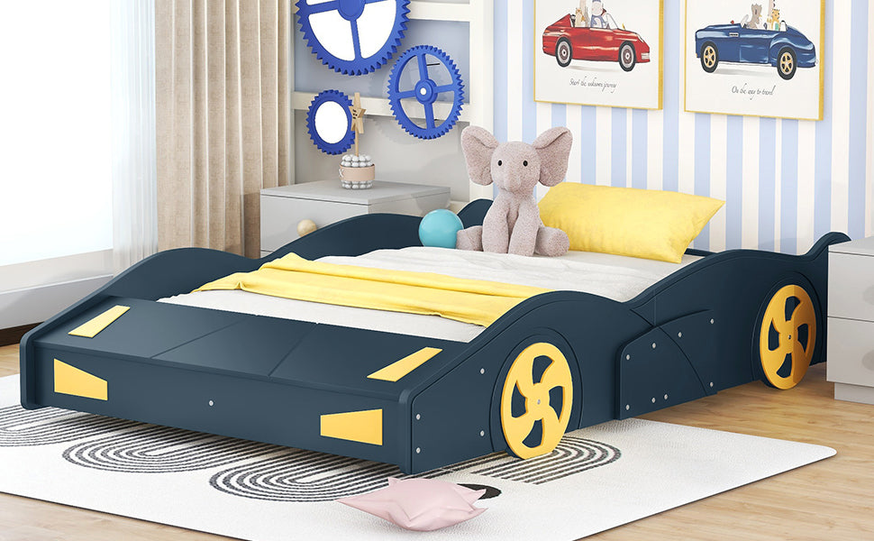 Full Size Race Car-Shaped Platform Bed with Wheels and Storage