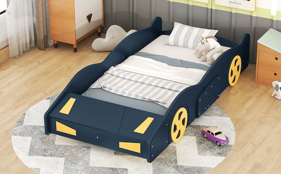 Twin Size Race Car-Shaped Platform Bed with Wheels and Storage
