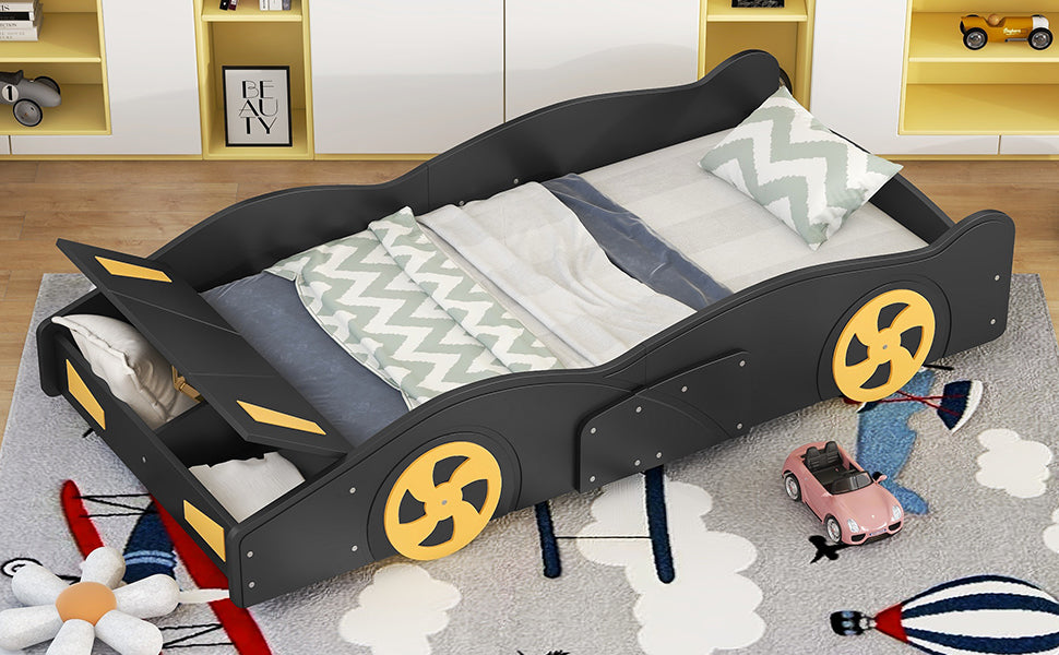 Twin Size Race Car-Shaped Platform Bed with Wheels and Storage