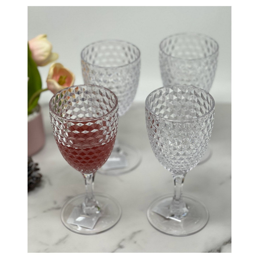 Diamond Cut Plastic Wine Glasses Set of 4 (12oz)