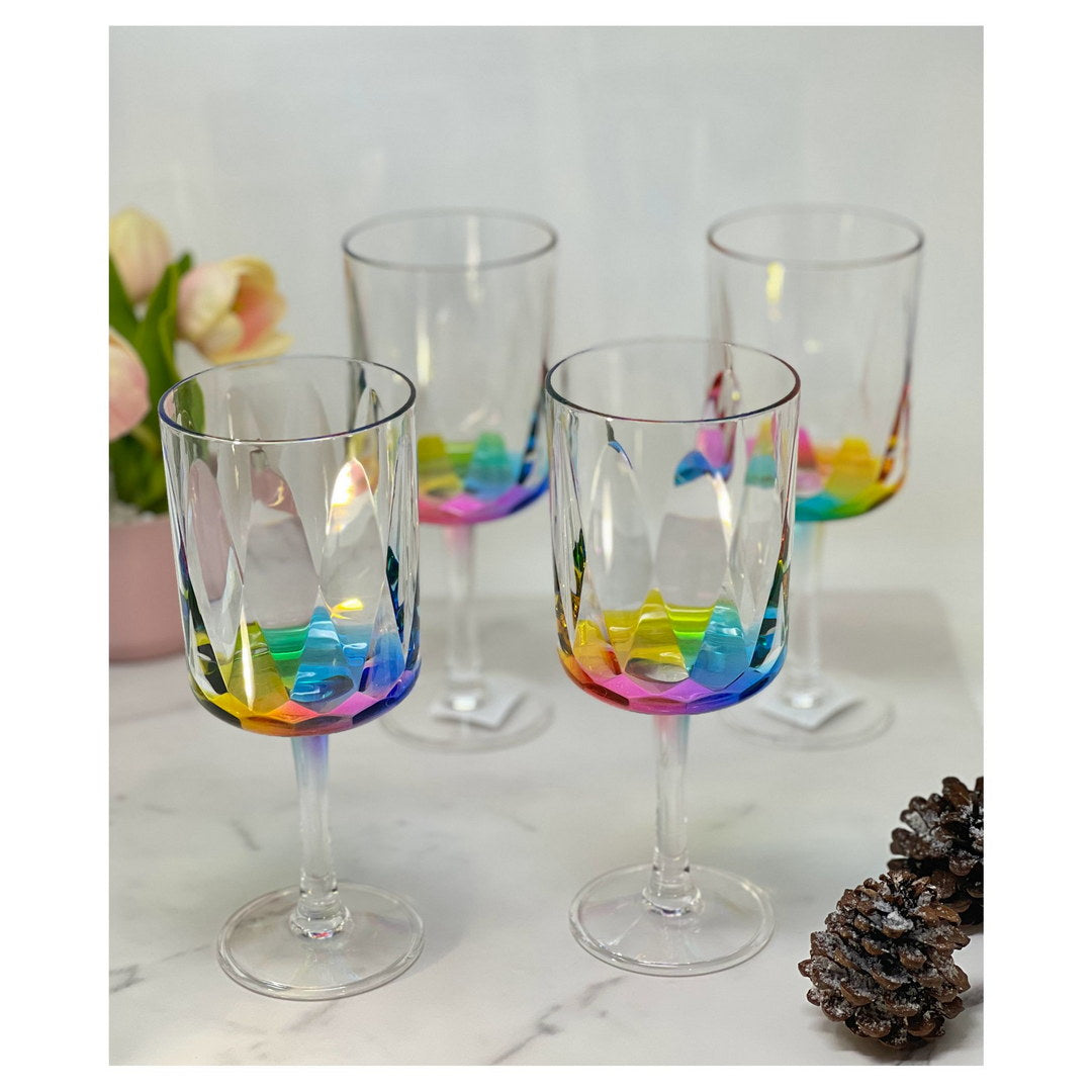 Rainbow Diamond Plastic Wine Glasses Set of 4 (16oz)