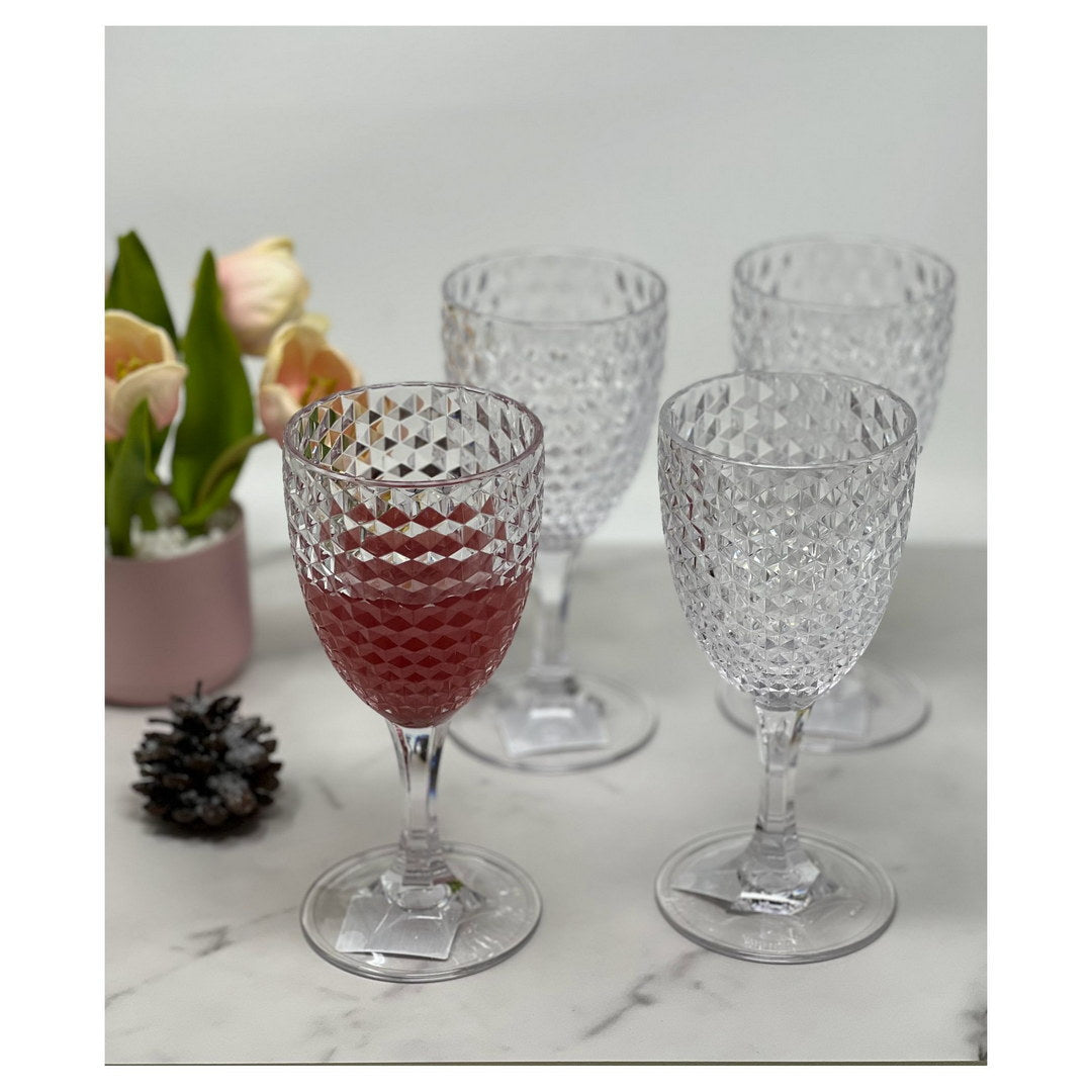 Diamond Cut Plastic Wine Glasses Set of 4 (12oz)