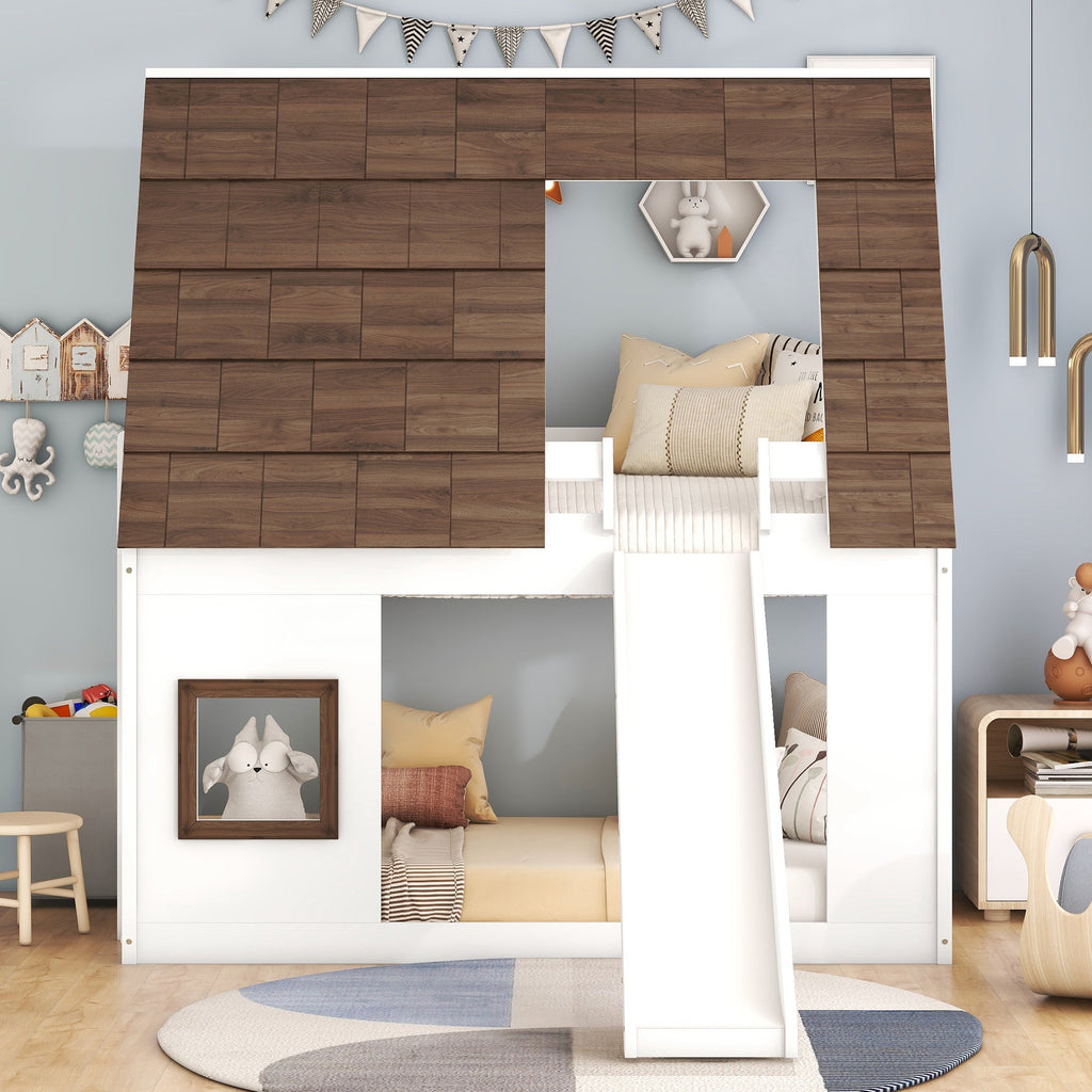 Wood Twin Size House Bunk Bed with Roof, Ladder and Slide
