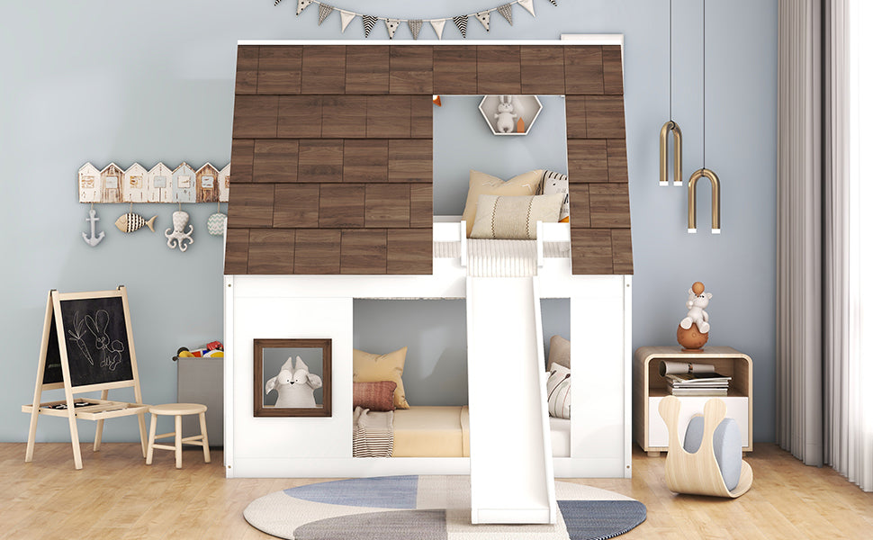 Wood Twin Size House Bunk Bed with Roof, Ladder and Slide
