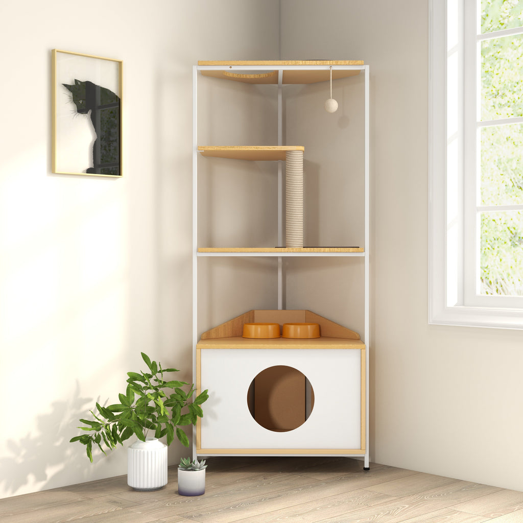 Corner Cat Tower with Feeding Station and Climbing Platforms