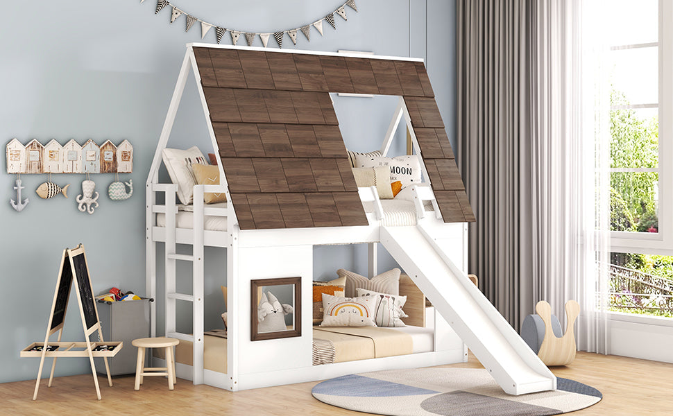 Wood Twin Size House Bunk Bed with Roof, Ladder and Slide