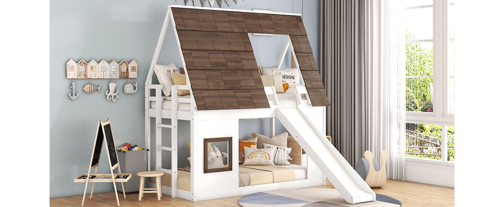 Wood Twin Size House Bunk Bed with Roof, Ladder and Slide